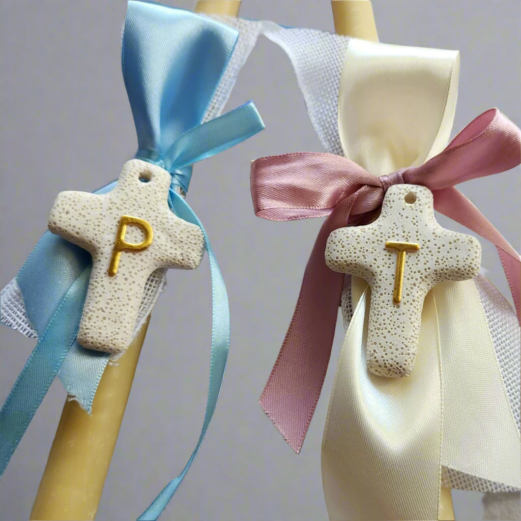 Beeswax Easter Candles - Orthodox - Lambathes with initial cross lava rock